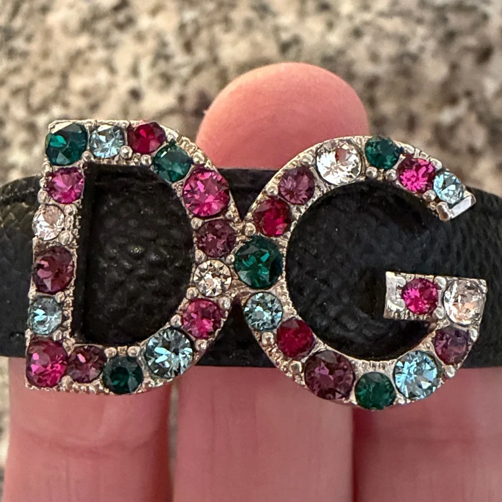Dolce & Gabbana Crystal DG Logo Black Leather Bracelet